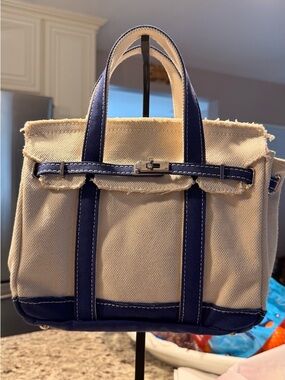 Cream Canvas Tote with Navy Trim - Structured Everyday Handbag